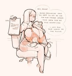 breast_pump female huge_breasts milk_bottle milking_machine nursing_bra office_lady onomatopoeia polocom text