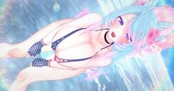 1girls 3d american_flag_bikini areola_slip areolae big_breasts bikini blue_eyes blue_hair blue_nails breasts collar deluxe_rosie female female_only fingerless_gloves flower flower_in_hair gloves indie_virtual_youtuber large_breasts leaning_forward light-skinned_female light_skin lipstick long_hair looking_at_viewer multicolored_hair nipple_bulge ocean open_mouth outdoors outside silvervale sling_bikini solo solo_female thick_thighs thighs tongue virtual_youtuber water wolf_ears wolf_girl wolf_tail