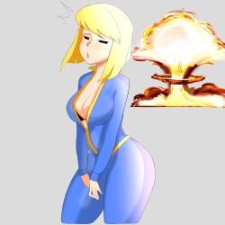 1girls blonde_hair blue_clothing bodysuit cleavage fallout female fully_clothed mob_face nuke solid_color_background tagme unzipped_bodysuit vault_girl white_skin