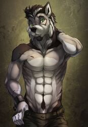 2017 anthro bare_chest black_hair canine clothed clothing fuckie fur green_eyes hair looking_at_viewer male male_only mammal muscular muscular_male solo wolf