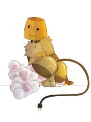 3_toes :3 absurd_res alpha_channel ambiguous_species anthro ass balls blush bodily_fluids clothing cum cum_on_butt electrical_plug_tail feet fluffy foot_focus for_a_head genital_fluids genitals half-closed_eyes hi_res jello_(artist) lamp_shade lampert_(regretevator) legwear male mastectomy_scar multicolored_clothing multicolored_legwear multicolored_thigh_highs narrowed_eyes nipples pawpads pee rear_view regretevator scar simple_background sitting solo sweat tan_body thigh_highs toes transparent_background whiskers yellow_pawpads