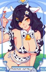 amber_eyes big_breasts black_hair bowtie card_(medium) cleavage collar cow_ears cow_girl cow_horns cow_print cow_print_bikini cowbell finger_heart flower_in_hair hair_clips heart looking_at_viewer netsu_kazegawa pixel_art smile solo yumykon yumyverse yumyverse_collectible_cards