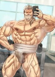 1boy abs armpits bara beard biceps blue_eyes blush bondage bound bulge cellphone censored dumbbell energy_camdy erection erection_under_clothes facial_hair frown fundoshi granblue_fantasy grey_hair gym hand_on_own_hip huge_pectorals japanese_clothes male male_focus male_underwear manly mature_male mosaic_censoring moustache muscular muscular_male nipples pectorals penis phone ponytail precum precum_drip precum_through_clothes scar solo soriz spiked_hair steam steaming_body sweat sweatdrop teeth testicles thick_arms thick_thighs thighs underwear veins wet wet_clothes wet_male_underwear