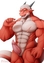 animal_genitalia anthro dragon erection genital_slit hair horn looking_at_viewer male male_only muscular nude open_mouth penis primodrago scar slit solo tapering_penis wet