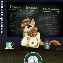 2017 anthro anthrofied anus beverage blush breasts broken_horn chalk chalkboard chest_tuft cinnamon_chai_(mlp) coffee coin collar cum cum_in_a_cup cup equine eyeshadow fall_of_equestria female friendship_is_magic hair horn jar logo makeup mammal menu money multicolored_hair my_little_pony nipples note nude parody polar_puff puffy_anus pussy sex_slave sign slave steam store text tip_jar tuft unicorn working