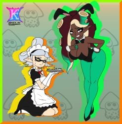 big_breasts big_butt big_thighs black_skin brown_hair bunny_costume bunny_ears bunny_suit bunnysuit green_eyes kex56_art maid maid_cap maid_outfit maid_uniform marie_(splatoon) marina_(splatoon) splatfest splatoon splatoon_(series) splatoon_2 white_hair yellow_eyes