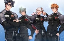 4boys abs abs_visible_through_clothing alhaitham_(genshin_impact) arataki_itto bara biceps black_hair body_markings bulge childe_(genshin_impact) clothing crossed_arms face_markings flexing flexing_bicep fully_clothed gay genshin_impact ginger glasses grey_hair hand_on_hip hands_in_pockets horn jackray85674939 looking_at_viewer male male_only markings muscle_shirt muscular muscular_arms muscular_male name_tag pecs red_hair red_horns red_markings serious skin_tight sparkles sportswear standing sweatpants tartaglia_(genshin_impact) tight_clothing two_tone_hair white_hair wriothesley_(genshin_impact) yaoi