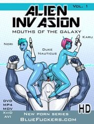 alien anthro balls big_penis blue-skinned_male double_barrel_blowjob double_fellatio double_oral duke_nauticus english_text erection fellatio femboy fish gastropod gay girly group group_sex humanoid_penis hung_trap interspecies kostos_art larger_male male male_only marine muscular muscular_male oral penis restrained sex shackles shark size_difference slug small_dom_big_sub smaller_male smile sweat text threesome two_dicks_one_mouth yaoi