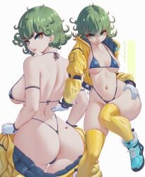 1girls alternate_breast_size alternate_version_available ass belly belly_button blush_lines breasts female female_only green_eyes green_hair jacket light-skinned_female light_skin looking_at_viewer melowh one-punch_man short_hair solo tatsumaki thick_thighs thighs thong white_background