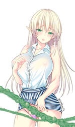 1futa balls balls_in_panties bangs bare_arms bare_shoulders blonde_hair blush breasts censored cowboy_shot elf erect_nipples erection erection_under_clothes erection_under_skirt futa_only futanari green_eyes intersex large_breasts long_hair looking_at_viewer nipple_bulge original panties panty_bulge parted_lips penis penis_under_clothes penis_under_skirt pink_panties platinum_blonde_hair pointless_censoring pointy_ears shigemiya_kyouhei shirt skirt sleeveless sleeveless_shirt solo striped striped_skirt tenting triangle_mouth underwear white_shirt