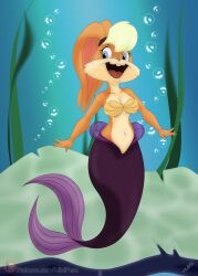 1girls 2022 anthro blonde_hair blue_eyes bra breasts bubble buckteeth cleavage clothed clothing female fur hair hi_res lagomorph leporid lola_bunny looney_tunes mammal marine merfolk miniferu open_mouth patreon purple_body rabbit seashell_bra solo space_jam split_form tan_body tan_fur teeth underwater underwear warner_brothers water