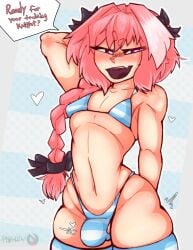 1femboy 2023 2d 2d_(artwork) astolfo_(fate) bikini blue_bikini braid braided_hair braided_ponytail bulge english english_text fate/grand_order fate_(series) femboy femboy_focus femboy_only hair_ornament hair_ribbon heart imminent_anal imminent_sex legwear light-skinned_femboy light_skin male male_only penguixy pink_eyes pink_hair text thighhighs