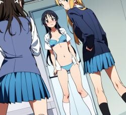 3girls ai_generated bathroom black_socks blush bra bullying embarrassed_underwear_female euf forced_exposure forced_presentation forced_to_undress glj-enf hazing humiliated humiliation k-on! knee_socks kneehighs kneesocks mio_akiyama_(k-on!) multiple_girls nudity panties public public_exposure public_humiliation public_indecency public_nudity school_uniform schoolgirl shirt_open shocked shocked_expression socks striped_bra striped_panties striped_underwear stripped stripped_down stripping surprised underwear undressing white_socks yuri