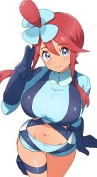 1girls 2024_pokemon_teraleak blue_eyes blue_gloves breasts closed_mouth creatures_(company) crop_top dark-skinned_female dark_skin female finger_gun game_freak gloves hand_up highres holster kamidan large_breasts looking_at_viewer midriff navel nintendo one_side_up pokemon pokemon_bw red_hair short_shorts shorts sidelocks simple_background skindentation skyla_(pokemon) stomach suspender_shorts suspenders thigh_holster thighs white_background