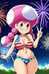 4th_of_july aged_up ai_generated american_flag_bikini fireworks mario_(series) night_sky novelai peace_sign smiling_at_viewer swimsuit toadette