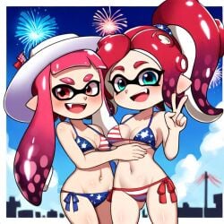 4th_of_july ai_generated american_flag_bikini ewwww_ai fireworks inkling inkling_girl novelai octoling octoling_girl splatoon splatoon_(series) swimsuit