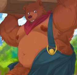 2024 anthro bear belly bodily_fluids bon_donuts brown_body brown_fur clothing fur genitals hi_res kemono little_bear male male_only mammal moobs musclegut muscular navel nipples outside overalls overweight overweight_male penis solo solo_male sweat