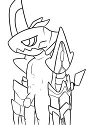 2017 armor balls bottomless claws clothed clothing cuuraotter digimon flaccid helmet horn humanoid_penis male monochrome nude penis simple_background sketch solo standing topless uncut weapon zubamon