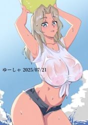 ball bitch girls_und_panzer holding_ball kay_(girls_und_panzer) large_ass large_breasts looking_at_viewer modest_mouse nipples outdoors see-through see-through_clothing shorts solo standing sweat vampire_weekend whore