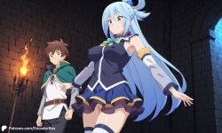 1girls ai_generated aqua_(konosuba) bottomless breasts casual_exposure covered_nipples dungeon encoder female kono_subarashii_sekai_ni_shukufuku_wo! male no_panties pussy satou_kazuma smile smiling torch uncensored vagina walking