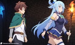 1boy 1girls ai_generated aqua_(konosuba) ass bare_ass bottomless breasts casual_exposure covered_nipples dungeon encoder female kono_subarashii_sekai_ni_shukufuku_wo! male satou_kazuma smile smiling torch uncensored walking