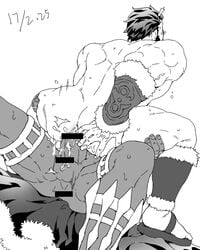 2boys anal ass bara erection hana_(artist) konohanaya large_penis male_only multiple_boys muscle nude penis sex straddling testicles thrusting yaoi