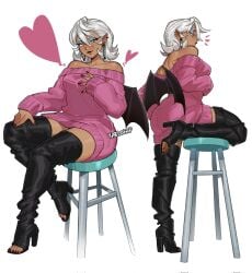 1girls amused bat_wings black_legwear black_nails boots breasts clothed digital_drawing_(artwork) digital_media_(artwork) ear_piercing earrings hand_on_breast hand_on_hip hand_on_thigh heart human humanized looking_at_viewer looking_down over_the_knee_boots pink_clothing rouge_the_bat smile sonic_(series) sonic_adventure_2 sonic_the_hedgehog_(series) stool teal_eyes thick_thighs thigh_boots toes white_background white_hair yablofap