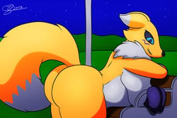 2017 anthro ass big_breasts big_butt breasts canine chest_tuft digimon female fox fur inflation j5furry mammal night outside pregnant renamon slightly_chubby solo star tuft white_fur yellow_fur