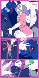 anus bed big_breasts breasts clothing comic dialogue english_text fingering friendship_is_magic furry legwear licking my_little_pony nipples pillow princess_celestia_(mlp) princess_luna_(mlp) pussy pussy_juice robe saliva smooth_skin spunkubus stockings text tongue tongue_out