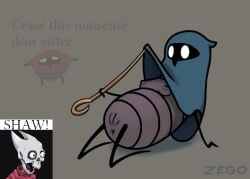 2025 3girls anus blue_clothing breasts breasts_out bug cloak dialogue fakezego female gilf grey_body hollow_knight hollow_knight:_silksong hornet_(hollow_knight) laying_down lifting_own_clothes melee_weapon meme no_ass older_female pinstress_(hollow_knight) presenting pussy seamstress_(hollow_knight) shocked silksong skull small_breasts weapon white_eyes yuri