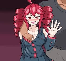 1boy 1girls 2d 2d_(artwork) ahoge alternate_version_available arm_around_shoulders arm_tattoo big_breasts blush blush_lines breast_grab breasts clothed clothed_female clothing cuckold curvaceous curvy curvy_female curvy_figure female fully_clothed groping groping_breasts half-closed_eyes height_difference huge_breasts kasane_teto large_breasts looking_at_viewer male no_bra ntr open_mouth red_eyes red_hair size_difference skirt smaller_female smug smug_face sweat sweating taller_male tattoo twin_drills utau voluptuous voluptuous_female waving wide_hips