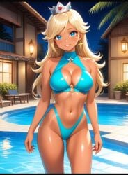 2025 ai_generated belly blonde-haired_female blonde_female blue_bikini blue_eyes_female brown_eyebrows cyberdelta271 deviantart female_only hotel_room looking_at_viewer mario_(series) nintendo open_mouth_smile orange_blush outside_view pool_background princess_rosalina silver_crown smile_at_viewer smiling_at_viewer standing_on_water star_earrings super_mario_bros. tanned-skinned_female tanned_body tanned_female tanned_girl tanned_skin teeth_showing teeth_visible tummy wet_face wet_head white_dots