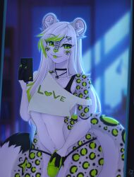 anthro beta_tata blurred_background bottomless choker clothed clothing crop_top electronics erection eyelashes felid fur genitals green_body green_eyes green_fur green_hair green_nose green_tongue grey_body grey_fur hair hand_on_penis hi_res holding_object holding_phone inner_ear_fluff inside jewelry leopard long_hair looking_at_viewer male mammal markings nails navel necklace night pantherine penis phone round_ears selfie shirt signature smile smiling_at_viewer solo spots spotted_body spotted_fur standing tail thong tongue tongue_out topwear tuft underwear white_body white_fur white_hair