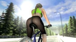 1girls 3d ass ass_focus athletic athletic_female bicycle bike_shorts blonde_hair cassie_cage female female_only g-string human human_female human_only light-skinned_female light_skin long_hair mortal_kombat outdoors outside ponytail public riding_bicycle see-through see-through_clothing see-through_shorts spankysfm sports_bra thong