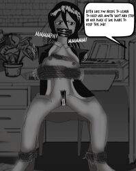 black_hair bleach bondage chair chair_bondage exposed_breasts femsub gagged_female gagged_speech kuchiki_rukia office_lady suit_jacket tape_gag taped_mouth taped_pussy tied_to_chair tied_up tuxedo