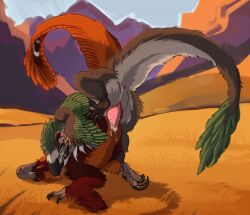 animal_genitalia anus bite black_claws bodily_fluids claws cum cum_in_vagina cum_inside day deinonychus detailed_background dinosaur dromaeosaurid duo erection feathered_dinosaur feathered_scalie feathers female female_feral female_penetrated feral feral_on_feral feral_penetrated feral_penetrating feral_penetrating_feral from_behind_position genital_fluids genital_slit genitals green_body green_eyes grey_body hi_res male male/female male_feral male_penetrating male_penetrating_female mountain neck_bite orange_body orange_eyes outside outside_sex owishka penetration penile penile_penetration penis penis_in_vagina pink_penis prehistoric_species red_body reptile saliva saurischian scalie sex sharp_teeth teeth theropod vaginal_penetration