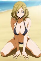 1girls ai_generated bikini black_bikini blonde_hair blue_eyes clothed clothed_female code_geass duderu_vanilla female female_only kneeling milly_ashford solo swimsuit