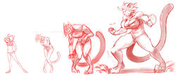 anthro beverage breasts clothing feline female growth mammal muscle_growth muscular pussy red_theme shnider sketch solo standing torn_clothing transformation