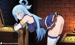 1girls ai_generated aqua_(konosuba) bare_ass bottomless breasts casual_exposure coins covered_nipples dungeon encoder female gold hanging_breasts kono_subarashii_sekai_ni_shukufuku_wo! leaning_forward smile smiling standing torch treasure treasure_chest uncensored