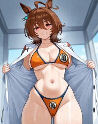1girls agnes_tachyon_(umamusume) ai_assisted ai_generated bikini bikini_bottom bikini_top brown_hair coat cosplay dragon_ball ear female flashing horse_ears horse_girl orange_bikini red_eyes removing_clothing solo solo_female solo_focus son_goku sweat sweaty sweaty_body umamusume white_clothing white_coat