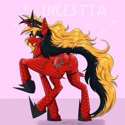 2017 alicorn black_hair blonde_hair blue_eyes blush clothing cutie_mark english_text equine fan_character female feral fishnet fishnet_legwear fur hair heart horn legwear mammal multicolored_hair my_little_pony open_mouth pussy pussy_juice red_fur red_wings solo text tongue twotail813 twotail_(oc) wings