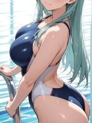 2025 ai_generated ass_to_viewer butt_to_viewer closed_mouth_smile face_visible female_only green_hair_female instagram long_hair_female looking_at_viewer meta orange_blush pool_background pool_swimsuit smile_at_viewer smiling_at_viewer sports_swimsuit swimming_suit ten01c unknown_character wet_body wet_face wet_head wet_swimsuit
