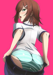 1boy ass baka_to_test_to_shoukanjuu blush brown_hair bulge crossdressing denim femboy girly green_eyes hair_ornament hairclip ippo jeans kinoshita_hideyoshi looking_back male male_only open_mouth panties pants pink_background short_hair simple_background solo striped striped_panties trap underwear undressing