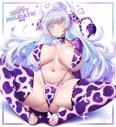 animal_ears animal_print artist_name blue_hair breasts bug butterfly cameltoe closed_mouth colored_eyelashes colored_inner_hair cow_ears cow_girl cow_horns cow_print cow_print_thighhighs cow_tail female goddess_of_victory:_nikke grey_eyes hand_on_own_chest heart highres horns insects long_hair multicolored_hair navel nayuta_(nikke) print_thighhighs sevie slingshot_swimsuit smile solo swimsuit tail thighhighs toeless_legwear white_eyelashes