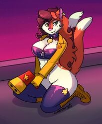 2017 anthro big_breasts boots bottomless breasts carmelita_fox cleavage clothed clothing collar combatraccoon cosplay ear_piercing english_text feline female footwear fur green_eyes gun hair legwear lilith_(azria) long_hair looking_at_viewer mammal mole_(marking) multi_tail navel piercing purple_background pussy raised_tail ranged_weapon red_fur red_hair shock_pistol signature simple_background sly_cooper_(series) smile smooth_fur solo stripes tan_fur text video_games weapon