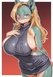 1girls 2025 2025s 2d ai_assisted ai_generated anthro anthro_female anthrofied bedroom_eyes belly_button big_breasts blonde blonde-haired_female blonde_female blonde_hair blonde_hair_female blue_eyes blue_hairband blush boku_no_hero_academia breasts clothed clothing detailed_background digital_media_(artwork) eyebrows eyelashes female female_anthro female_focus female_only fox_ears fox_girl fur furry furry_female furry_only gigantic_breasts gray_sweater gray_sweater_vest green_body green_skin grey_sweater grey_sweater_vest hairband half-closed_eyes hi_res high_quality high_resolution highres huge_breasts illustrious_(stable_diffusion) ippan_josei karkinosai large_breasts looking_at_viewer mammal medium_hair my_hero_academia my_hero_academia_(finale) narrowed_eyes navel no_humans no_pants peach_body peach_skin pointed_ears pointy_ears pony_diffusion_(model) pony_diffusion_xl quirk_(mha) quirked_human_(my_hero_academia) self_upload simple_background solo solo_female solo_focus stable_diffusion standing sweat sweatdrop sweater sweater_vest teal_body teal_ears teal_skin thick_breasts thick_thighs thighs two-tone_body two-tone_skin virgin_killer_sweater wide_hips
