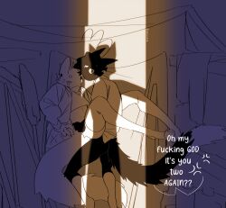 2025 ambiguous_penetration anthro anthro_on_anthro black_body black_fur bottomless bottomless_anthro bottomless_male caught_in_the_act clothed clothing dipstick_tail domestic_cat doorway_light english_text felid feline felis fur hi_res kneeling male male/male mammal markings nerunaur noir_(noirzvault) nonbinary_(lore) penetration sex speech_bubble tail tail_markings text