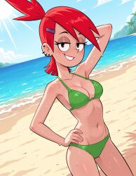 2025 ai_generated beach_background belly bikini black_eyebrows black_eyes_female cartoon_network deviantart elryusam eyebrows_visible_through_hair female_only foster's_home_for_imaginary_friends frankie_foster green_bikini looking_at_viewer open_mouth_smile purple_hairclip red_blush red_lips red_ponytail sea_background smile_at_viewer smiling_at_viewer teenage_girl teeth_showing teeth_visible tummy warner_bros._animation wet_bikini wet_body wet_face wet_head