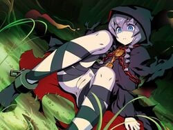 amulet anus aqua_eyes arm_support bell blush boots braid chains cloak clothing cuffs curse_maker dutch_angle etrian_odyssey female grass hair_tie hood hooded_cloak hou_(hachiyou) jewelry lavender_hair leaning_back long_hair manacles necklace no_panties pussy sekaiju_no_meikyuu shackles sitting solo thigh_strap tied_hair torn_clothes twin_braids twintails uncensored