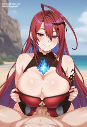 ai_generated arikea ass_bigger_than_head big_ass big_breasts blue_flame boobjob breasts_bigger_than_head breasts_pressed_together chest_focus clothed_paizuri cum_on_breasts ejaculating_cum ejaculation ejaculation_between_breasts elizabeth_rose_bloodflame flame hololive hololive_english hololive_english_-justice- hololive_justice long_hair one_piece_swimsuit paizuri pov pov_male red_eyes red_hair red_swimsuit smile smiling swimsuit thick_thighs titjob